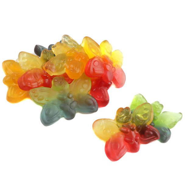 Colorful, two-tone Gummy Butterflies. Detailed shape, approx. 56 per pound. Apple, blueberry, pineapple, lemon, strawberry flavors.