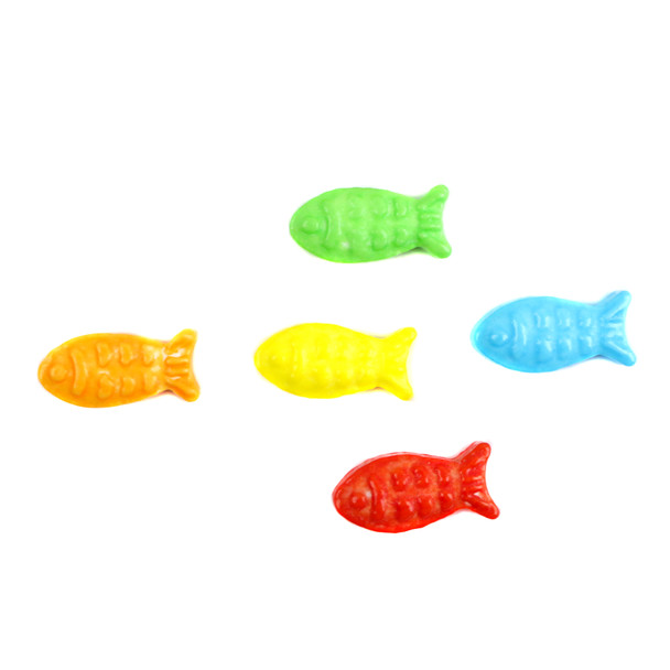 Assorted Candy Fish Guppies, small fish-shaped pressed candies, bright rainbow colors, sweet and tart, approx 490 pieces per pound.