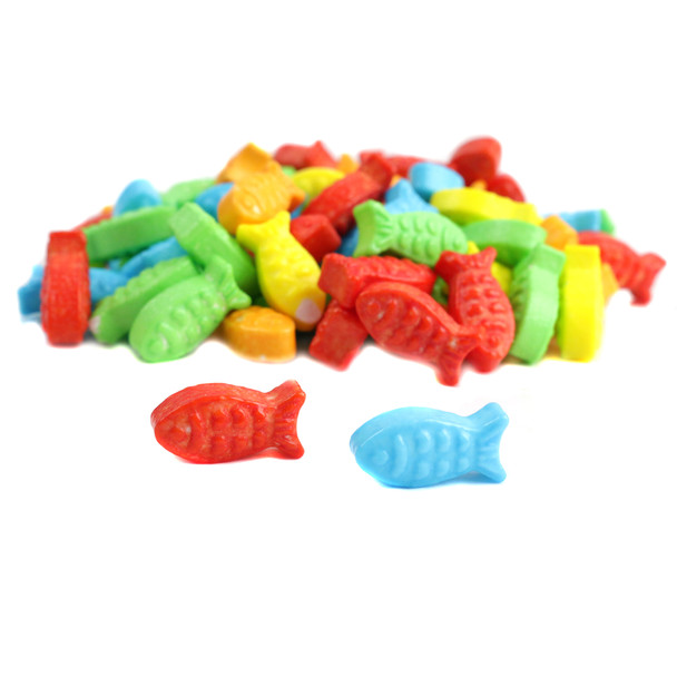 Assorted Candy Fish Guppies, small rainbow fish-shaped pressed candies. Bright, sweet, and tart, 490 pieces per pound.