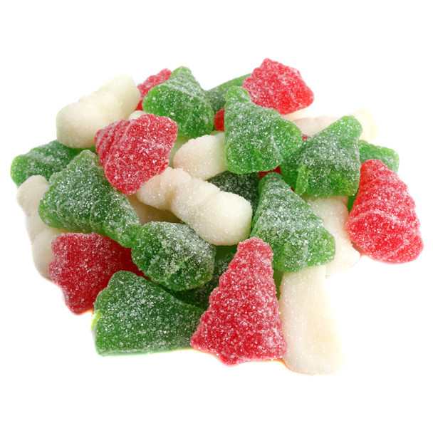 Colorful sanded gummy trees and snowmen, fruit flavors, white snowy sugar coating, bulk Christmas holiday candy.