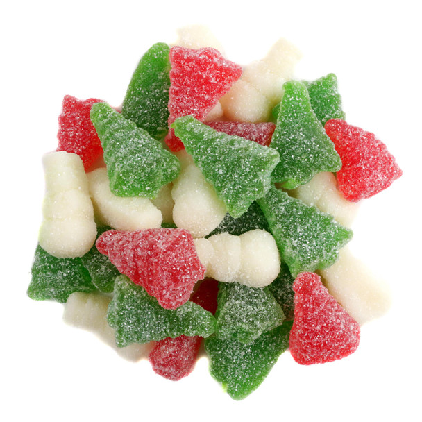 Assorted fruit-flavored sanded gummy trees and snowmen, with a snowy white coating. Approx. 27 pieces per pound.