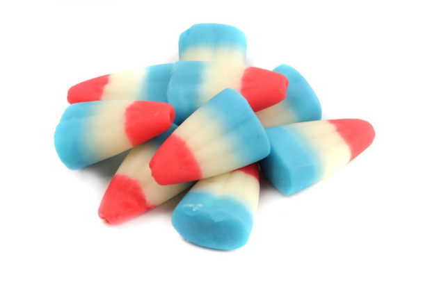 Red white and blue Raspberry Lemonade Candy Corn, approx 250 pieces per pound, sweet tangy flavor, patriotic.