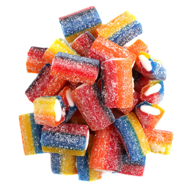 Sour Rainbow Licorice Bites, multi-colored, bite-sized, cream-filled sticks with a sour sugar coating.