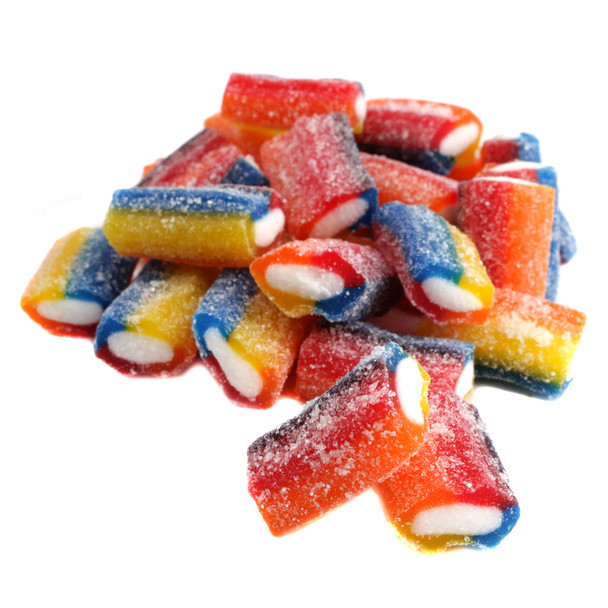 Sour Rainbow Licorice Bites, colorful, bite-sized sticks, sweet cream filled, sour sugar coated, approx. 105 per pound.