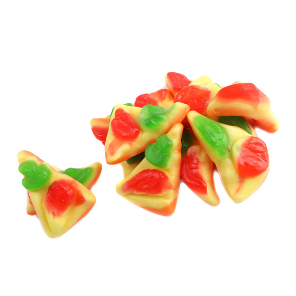 Bite-size Gummy Pizza slices with sweet red, green, and brown toppings, approx. 68 pieces per pound.