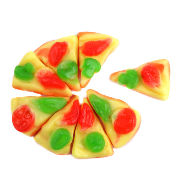 Gummy Pizza slices, bite-size, with red tomato, green pepper, and white mushroom toppings, approx. 68 pcs/lb.