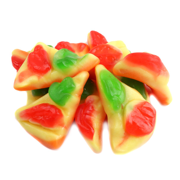 Bright, bite-size Gummy Pizza candy slices with red tomato, green pepper, and white mushroom toppings.