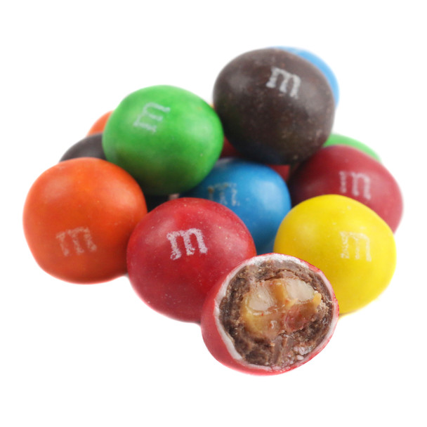 Colorful caramel M&M's candy in a bulk party-size bag, approx 180 pieces, smooth caramel filling, chocolate candy.