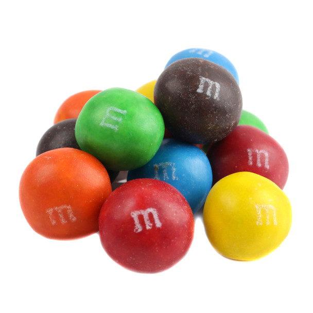 Rainbow colored Caramel M&M's chocolate candies. Bulk bag, approx 180 smooth caramel filled M&M's per pound.