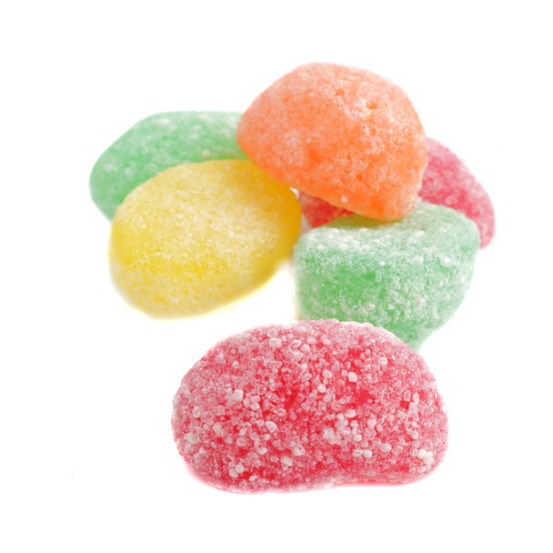 Sour Easter Jelly Eggs, sanded finish, vibrant orange, cherry red, lemon yellow, and lime green candy.