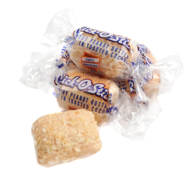 Atkinson Chick-O-Stick Bites, crispy 1-inch peanut butter candy with toasted coconut. 75 pieces per pound.