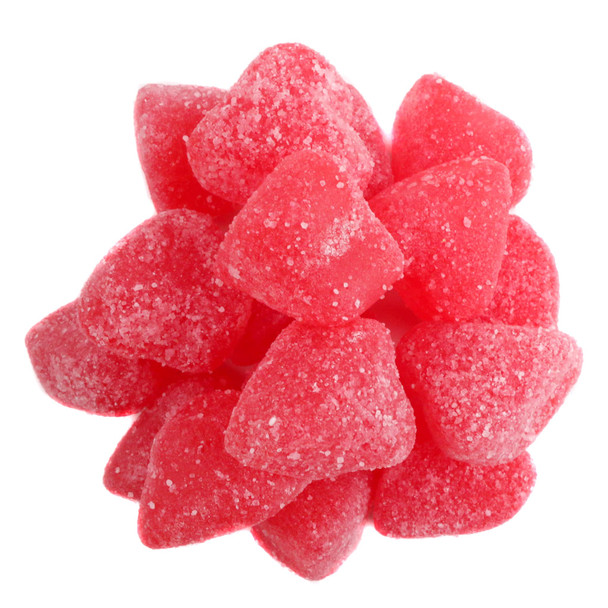 Vibrant red sour cherry jelly hearts, approximately 45 per pound. Chewy Valentine's Day gummy candy.