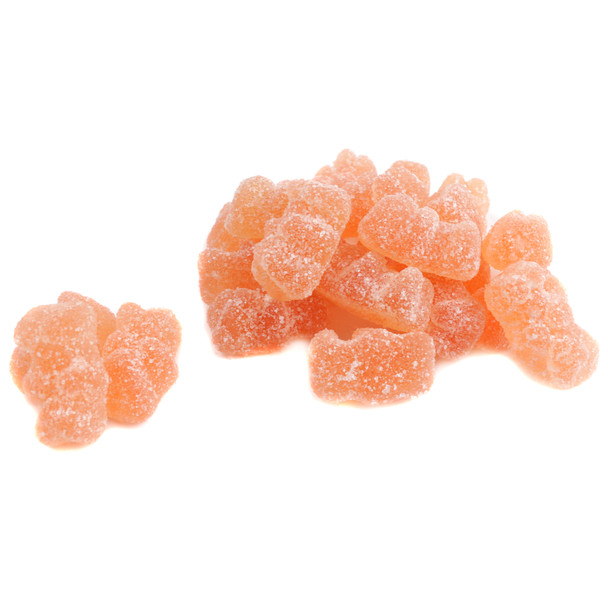 Pale golden, sour Prosecco gummy bears, approximately 130 chewy pieces per pound, non-alcoholic.
