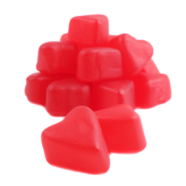 Vibrant red cherry juju hearts, approx 45 gummy candies per pound, perfect for Valentine's Day.