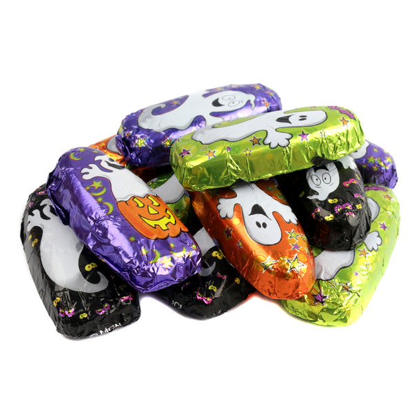 Madelaine white foil wrapped solid milk chocolate ghosts, bite-sized, individually wrapped Halloween candy, approx 56 per pound.