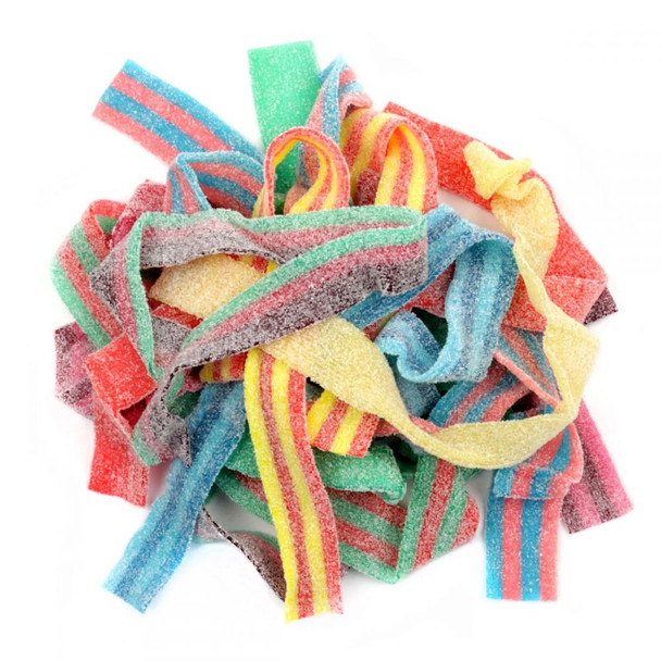 Dorval Sour Belts assorted mix. Rainbow colors, 9-inch long, fruity sour candy. Approx 50 sour belts per pound.
