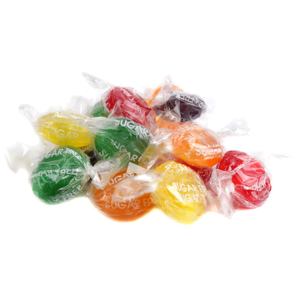 Primrose Sugar Free Assorted Fruit Buttons, vibrant purple, green, yellow, red hard candies, approx 74 per lb.