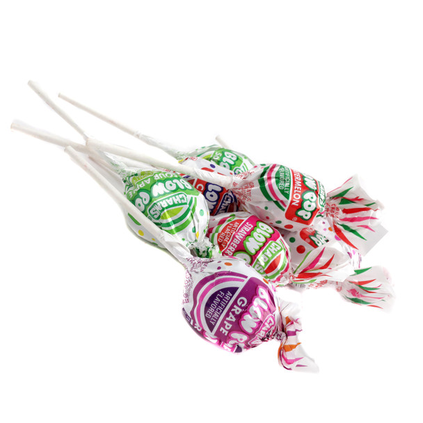 Bulk Blow Pops, 18+ per pound, assorted colorful cherry, grape, watermelon, strawberry, sour apple lollipops with gum.