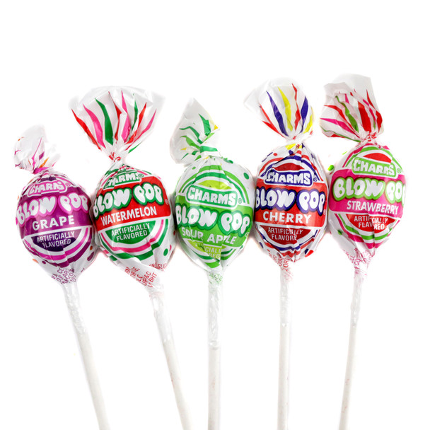 Cherry, grape, watermelon, strawberry, sour apple Blow Pops. 18 lollipops per pound, hard candy with bubble gum center.