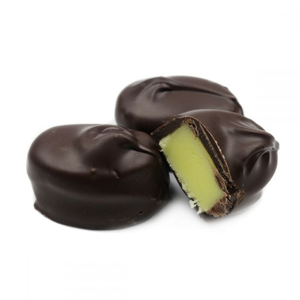 Ashers dark chocolate lemon cream truffles. USA made, approx 25 per lb. Dark chocolate coating, yellow lemon cream filling.