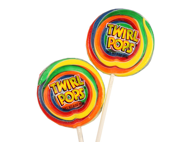12 individually wrapped 3oz Twirl Pops, Adams Brooks lollipops with swirling rainbow fruity colors.