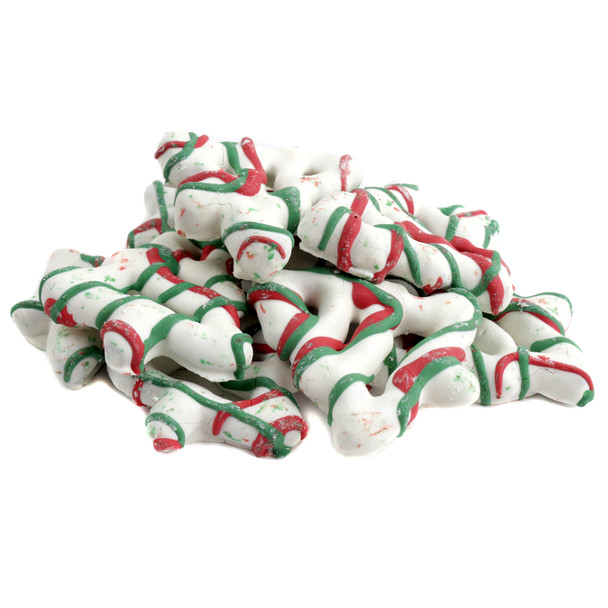 White yogurt covered Christmas tree pretzels, drizzled with red and green. Approximately 60 festive holiday treats per pound.