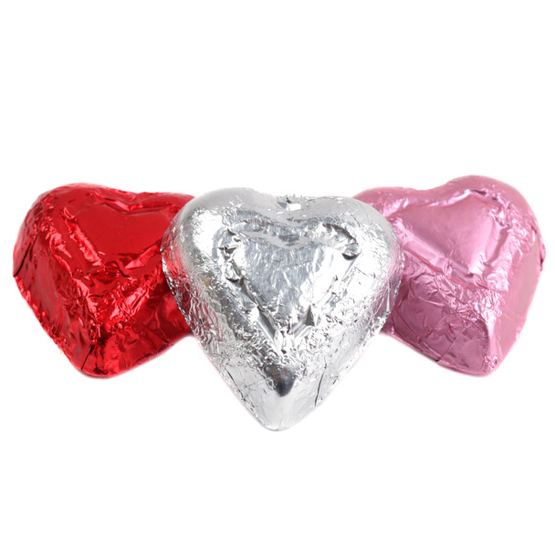 Madelaine Valentine Mini Chocolate Hearts, assorted color foil wrapped, approx 55 pieces per pound.