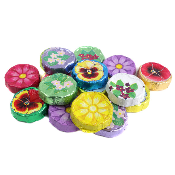 Assorted milk chocolate flowers: daisies, pansies, violets. Approx. 55 solid chocolate pieces per pound for Valentine's, Easter.
