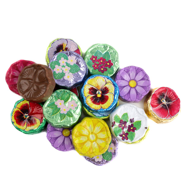 Assorted solid milk chocolate flower shapes, Daisies, Pansies, Violets, approx. 55 pieces per pound, Easter, Valentine's.