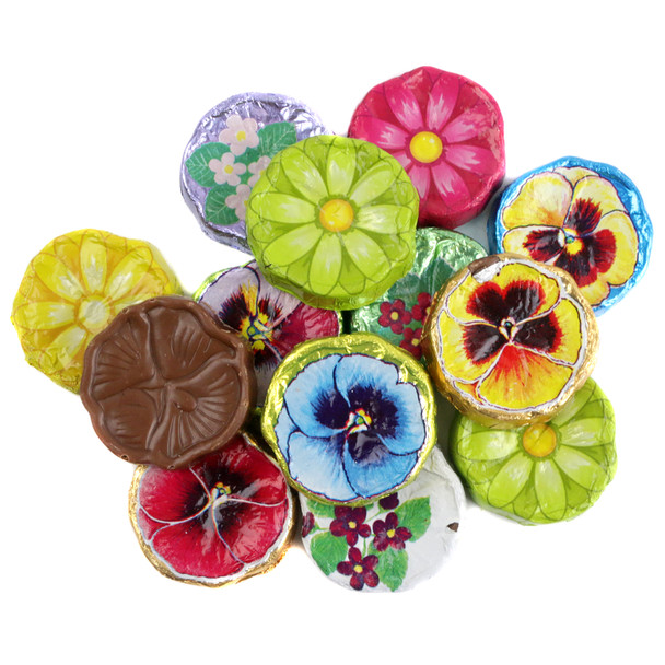 Madelaine Assorted Milk Chocolate Flowers, approx 55 per pound. Daisies, Pansies, Violets for Valentine's or Easter.