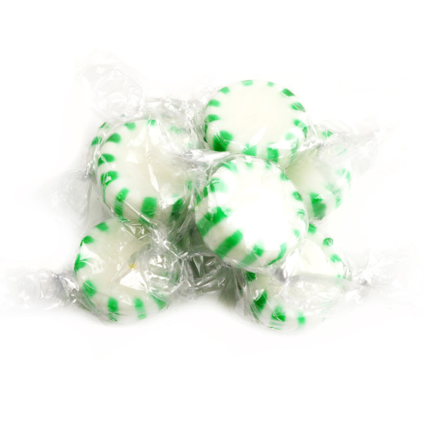 Arcor Spearmint Starlight Mints, white and green striped, individually wrapped hard candies. Approx 90 mints/lb.