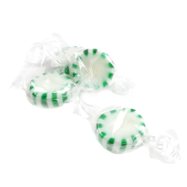 Arcor Spearmint Starlight Mints, white and green striped hard candies, individually wrapped, approx 90 per pound.