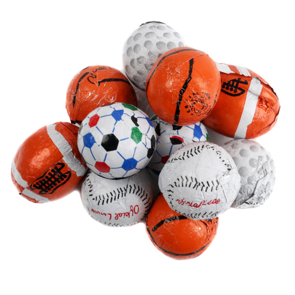 Assorted sports chocolate balls, bright foils, mini baseballs, basketballs, footballs, golf balls, 65 per pound.