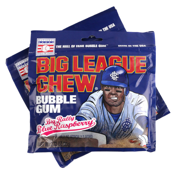 Big League Chew Big Rally shredded blue bubble gum, blue raspberry flavor, in a pouch, classic baseball candy.