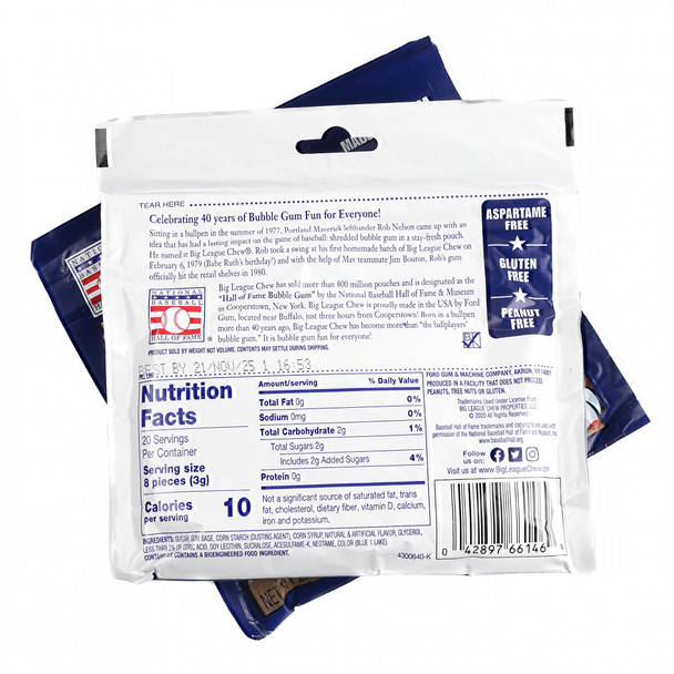 Big League Chew Big Rally Blue Raspberry shredded chewing gum. Iconic blue baseball bubble gum pouch.