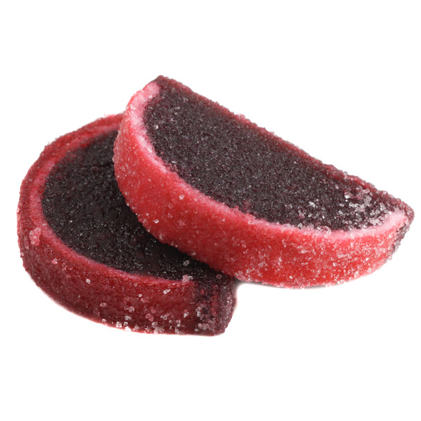 Unwrapped, sugar-coated, deep red pomegranate jelly candy slices. 5 lb bulk box, approx 90 pieces.