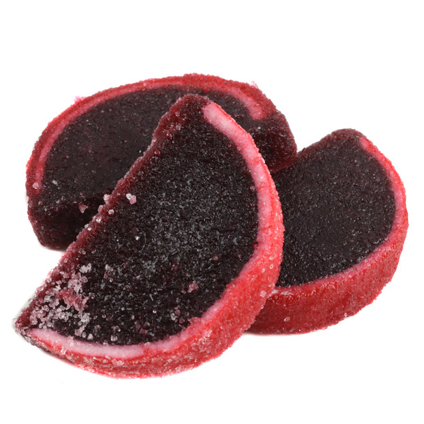 Unwrapped 5 lb box, sugar-coated red pomegranate jelly candy slices. Approximately 90 fruit slices.