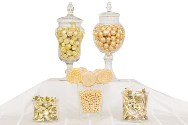 Dazzling gold candy buffet, 9-15lb assorted gold candies, Werther's, Reeses, gumballs, chocolate balls, rock candy, lollipops.