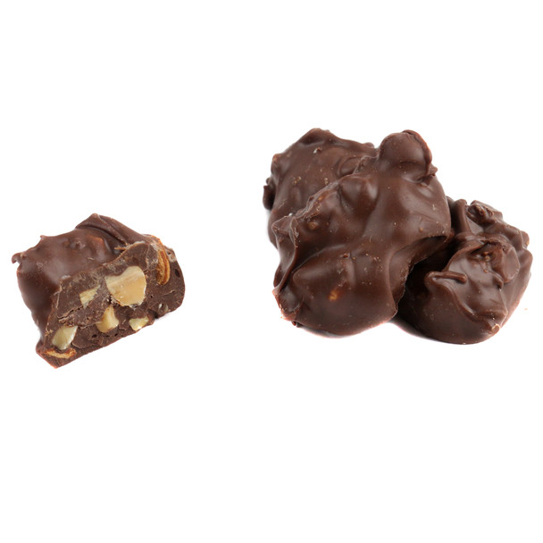Ashers Sugar Free Milk Chocolate Almond Clusters, rich brown, crunchy, approximately 41 pieces per pound, USA-made.