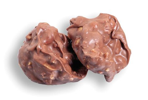 Ashers Sugar Free Milk Chocolate Cashew Clusters. Rich brown, approximately 41 per pound, with visible cashews.