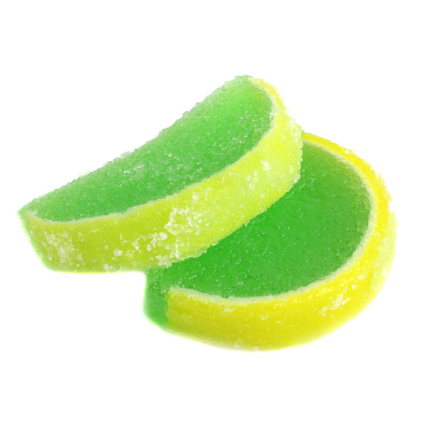 Approximately 90 green Key Lime jelly candy fruit slices, unwrapped, 5LB box. Sugar-sanded for sweet, tangy flavor.