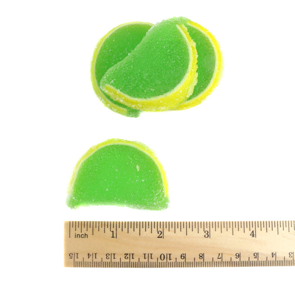 Green key lime jelly fruit slices, sugar sanded, unwrapped, 5LB bulk box of tangy candy.