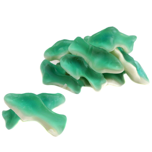 Vibrant blue mini gummy sharks, blue raspberry top, sweet marshmallow bottom, 1.5 inches long, 85 per pound.