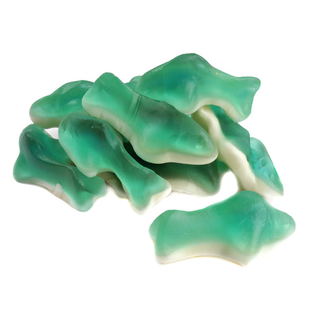 Blue mini gummy sharks, blue raspberry top, sweet marshmallow bottoms, 1.5 inches, approx. 85 bulk candies per pound.