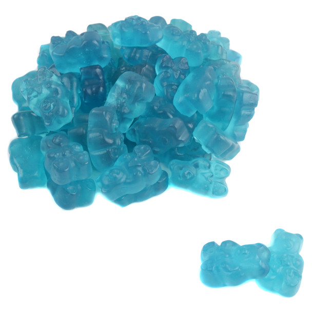 Aqua blue watermelon gummy bears, bursting with juicy flavor. Approx 145 per pound, 1-inch long, bulk candy.