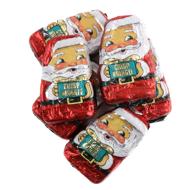Red foil-wrapped Mini Chocolate Santas, Krisp Kringles, smiling faces, silky milk chocolate with crisps, 48 per pound.