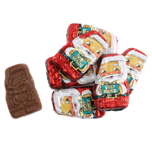 Mini Chocolate Santas Krisp Kringles, milk chocolate with crisps, happy smiling faces, red foil, approx 48 per pound.