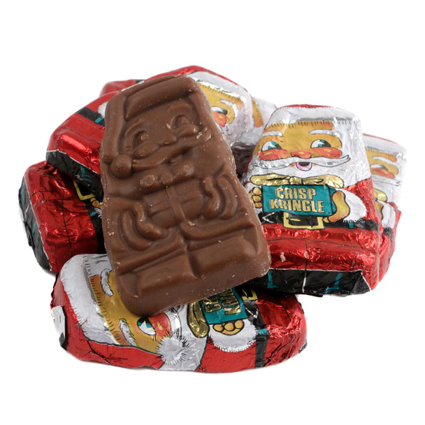 Mini Krisp Kringle milk chocolate Santas, smiling faces, tiny crisps. Red & brown foil wrapped, approx 48 per pound.