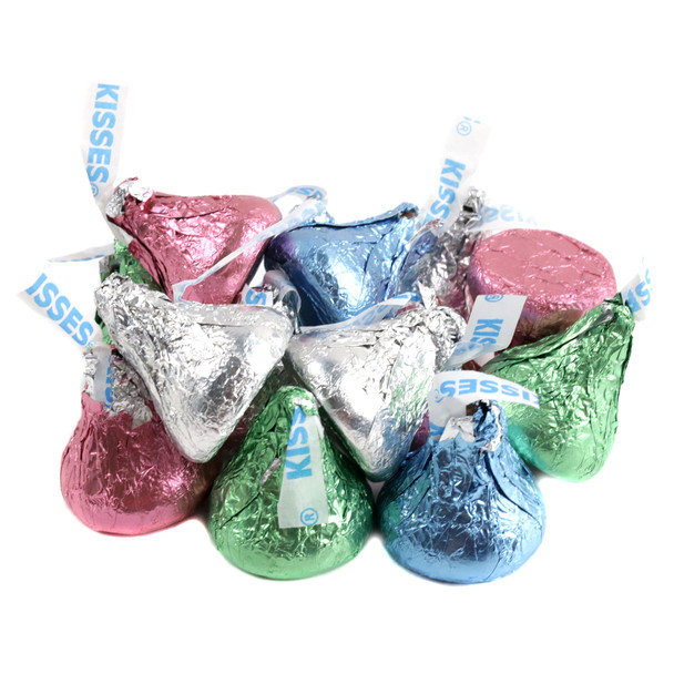 Easter Hershey Kisses, pastel colored foil wrappers, approximately 90 classic chocolate candies per pound.