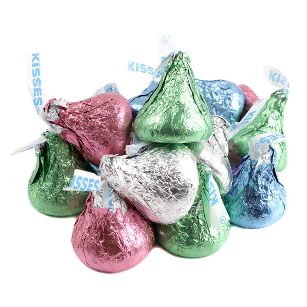 Pastel colored Easter Hershey Kisses, classic chocolate candy, approximately 90 pieces per pound.